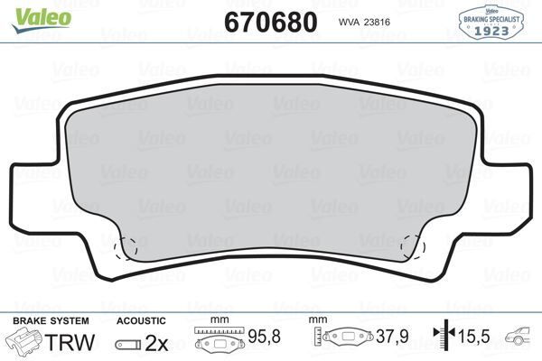 VALEO 670680 ARKA FREN BALATA TOYOTA COROLLA 1.4L 1.6L 4ZZ-FE 3ZZ-FE ZZE120 ZZE121 VVTi 02-06 / 1.4L 1NDTV NDE120 04-06