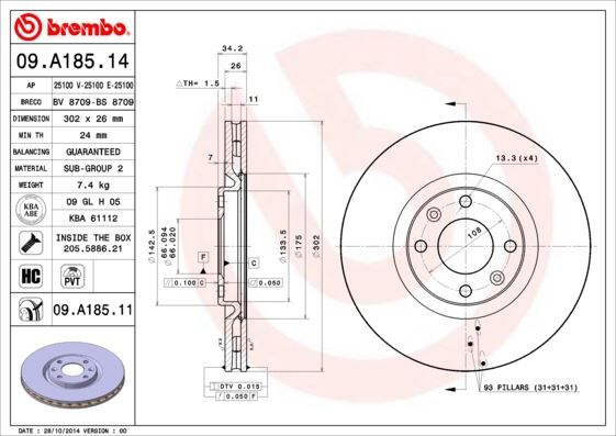 BREMBO 09A18511 ÖN FREN AYNASI CORSA F e 19> MOKKA e 20> 208 19> 2008 19> 308 07> 3008 09> 5008 09> C4 20> DS5 15> DS3 18> 302x34x4DL HAVALI