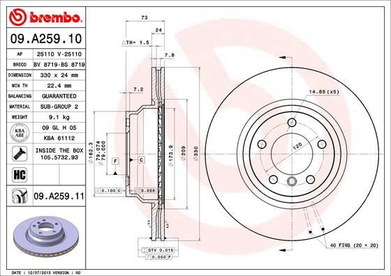 BREMBO 09A25911 FREN DISKI ON BMW E82 E87 E88 E90 E92 E93 E84