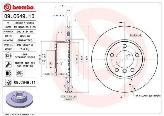 BREMBO 09C64911 FREN DISKI ON BMW E81 E82 E87 E88 E90 E91 E92 E93 E89