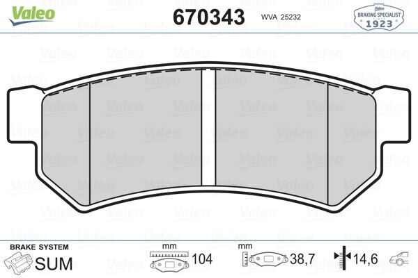VALEO 670343 ARKA BALATA LACETTI 1.4 16V 1.6 1.8 05/2003 > NUBIRA SEDAN;KOMBI 1.4 1.6 1.8 01/2005 >