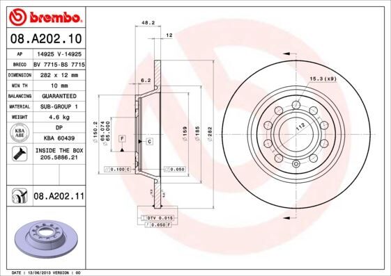 BREMBO 08A20210 ARKA FREN AYNASI GOLF V-V-PASSAT 05> JETTA III-TOURAN 03>TIGUAN 07>A3 04> OCTAVIA 04>LEON 05>