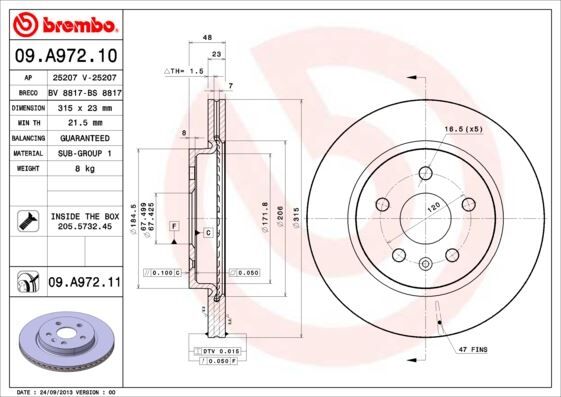 BREMBO 09A97210 ARKA FREN AYNASI INSIGNIA A 08> SAAB 9-5 YS3G 10> 17 JANT-18 JANT 315x22.9x5DLxHAVALI