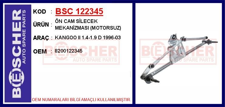 BSC 122345 SİLECEK MEKANİZMASI ÖN MOTORSUZ RENAULT KANGOO I 97>