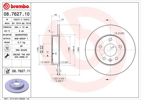 BREMBO 08762710 ARKA FREN AYNASI ASTRA H-COMBO C 02> MERIVA A-B 03> ASTRA G 1.8-2.0 98> ZAFIRA A 264x10x5DL