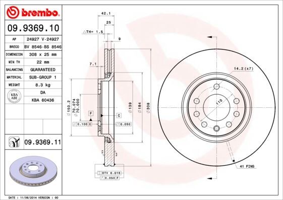 BREMBO 09936910 ÖN FREN AYNASI ASTRA H-ZAFIRA B-MERIVA A-B-CORSA D-E-ADAM-ASTRA G-VECTRA B 308x25x5DLxHAVALI 16 İNÇ