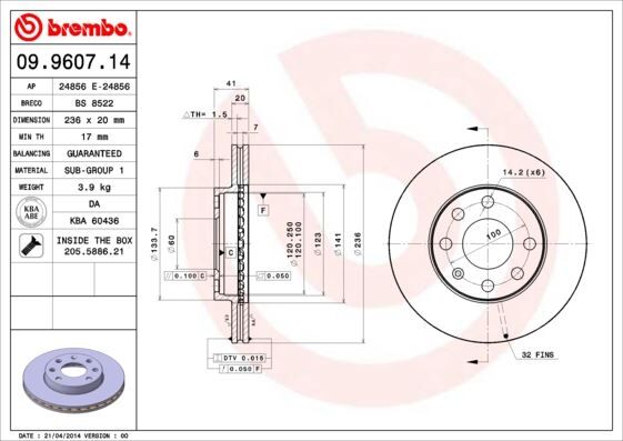 BREMBO 09960714 ÖN FREN AYNASI CORSA B-ASTRA F-VECTRA A-ASCONA C-COMBO B 94-01 AVEO-KALOS 03> 246x19.9x4DLxHAVALI 90511111-93182291-93281952