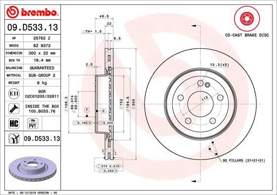 BREMBO 09D53313 FREN DISKI ARKA MERCEDES W205 S205 C205 A205 C257 W213 C238