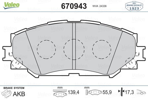 VALEO 670943 ÖN FREN BALATA TOYOTA AURIS. COROLLA 1.6L 1ZR-FE ZRE151 07-11 / 1.33L 1NR-FE NRE150 6 vites 10-12