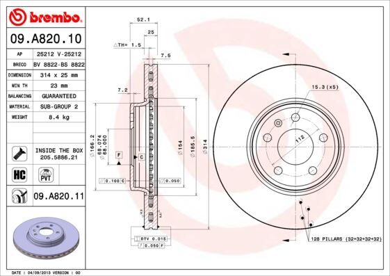 BREMBO 09A82010 ÖN FREN AYNASI HAVALI A4 8EC 2.0 TDI 06- A4 8K2 A4 AVANT 8K5 1.8 TFSI/1.8 TFSI QUATTRO/2.0 TFSI/2.0 986479467-DF4866S