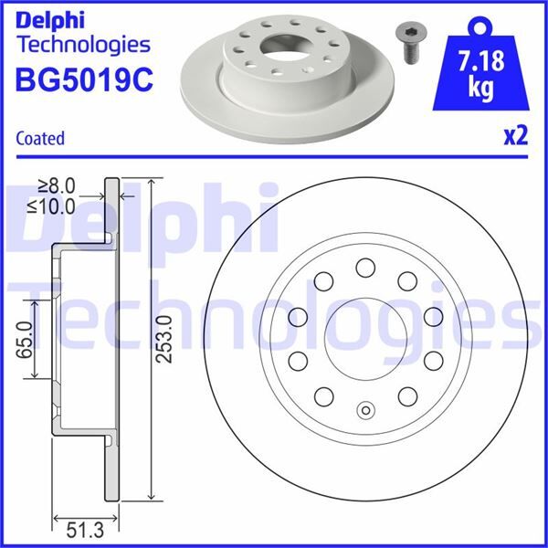 DELPHI BG5019C ARKA FREN AYNASI GOLF 5-6-OCTAVIA 04->TOLEDO-ALTEA 04>LEON 04>CADDY 3-A3 03> 253x10x9DL