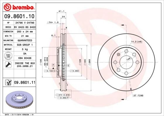 BREMBO 09860110 ÖN FREN AYNASI CORSA C - COMBO C 01>11 MERIVA A 03>10 TIGRA 04>09 260x24x4DL HAVALI