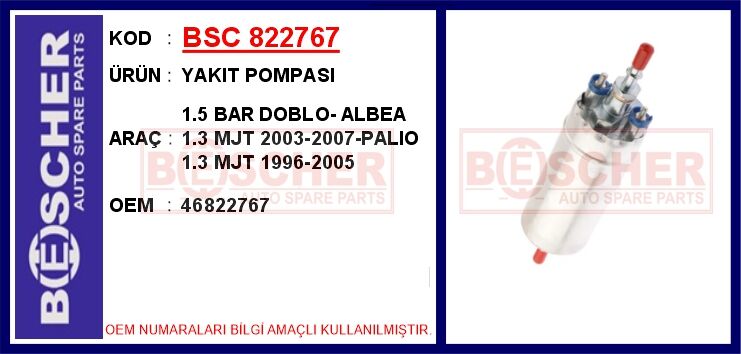 BSC 822767 YAKIT POMPASI 1.5 BAR DOBLO- ALBEA 1.3 MJT 2003-2007-PALIO 1.3 MJT 1996-2005