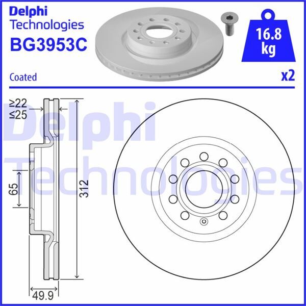 DELPHI BG3953C FREN DİSKİ ÖN VW PASSAT-GOLF5-GOLF6-GOLF7-CADDY-A3-LEON-FORD CONNECT 23> ÇAP: 312mm. KALINLIK: 25mm Delik: 5