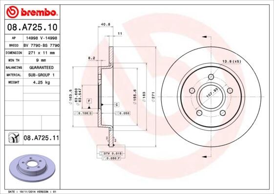 BREMBO 08A72511 ARKA FREN DISK AYNASI FOCUS III 11>17 271x11x63.5x41x5DL