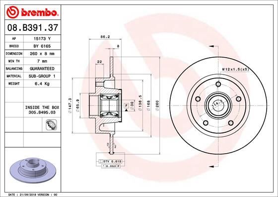 BREMBO 08B39137 ARKA FREN DİSKİ RENAULT MEGANE IV 15> DIŞ CAP: 260 MM K:86 MM 5 DELİK