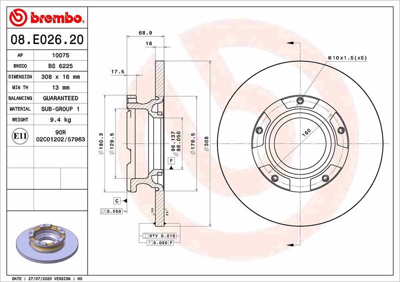 BREMBO 08E02620 ARKA FREN DISK AYNASI TRANSIT CUSTOM V362 12> ABS LI O.CEKER CAP 308 16