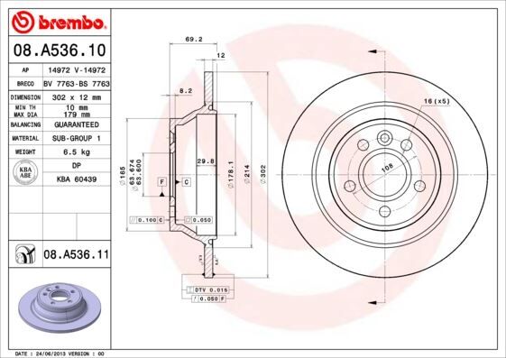 BREMBO 08A53611 ARKA FREN DISK AYNASI VOLVO V70 III 07> D4 13> S80 II 2.0 3.2 /2.0TDI 08> XC70 06>