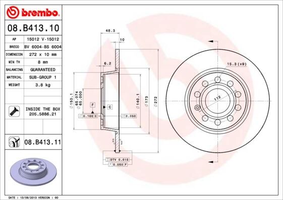 BREMBO 08B41310 ARKA FREN AYNASI JETTA III-GOLF VI-CADDY 10>SCIROCCO 08>A1 01>A3 04>ALTEA 06>OCTAVIA 04> 272x9.7x9DL 986479677-986479C20-DF7911