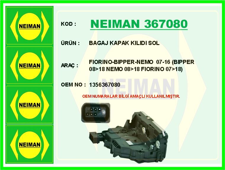 NEIMAN 367080 BAGAJ KAPAK KILIDI SOL FIORINO-BIPPER-NEMO 07-16 BIPPER 08>18 NEMO 08>18 FIORINO 07>18