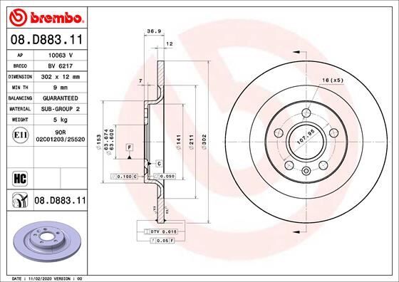 BREMBO 08D88311 ARKA FREN DİSKİ VOLVO XC40 536 2017 >2021 > CAP 302X 5 BIJON 16 İNÇ