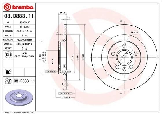 BREMBO 08D88311 ARKA FREN DİSKİ VOLVO XC40 536 2017 >2021 > CAP 302X 5 BIJON 16 İNÇ