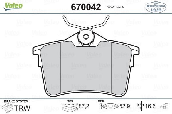 VALEO 670042 ARKA FREN BALATASI P307 00>09 P308 07>14 PARTNER 08> PARTNER TEPEE 08> BERLINGO 08> C4 04>16 XSARA PICASSO 99>11 DS4 15>18