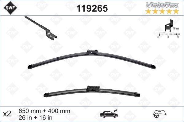 VALEO 119265 ÖN SİLECEK SÜPÜRGE TAKIMI OPEL ADAM 12>19 PEUGEOT PARTNER 08> P208 P2008 03 12>19 CITROEN BERLINGO 0 8> C3 16> FIAT EGEA 16> FIESTA 09>17 650 400 SWF VisioFlex Flat Blade X2 650 400 mm