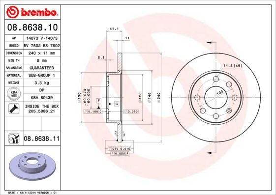BREMBO 08863810 ÖN FREN AYNASI CORSA C 1.0-1.2 16V 01>11 240x11x4DL DOLU
