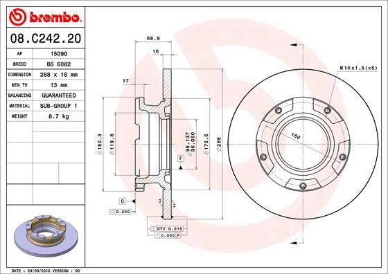 BREMBO 08C24220 ARKA FREN DISK AYNASI TRANSIT CUSTOM V362 2.2TDCI 12> CAP 288 16