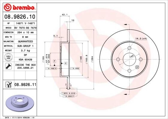 BREMBO 08982610 ARKA FREN AYNASI ASTRA H L67 04>14 COMBO C 01>11 MERIVA A 03>10 264x10x4DL DOLU