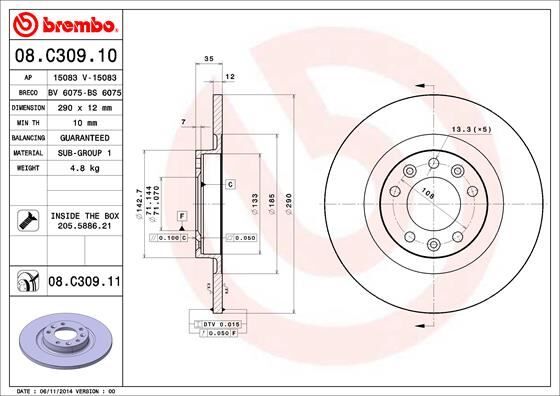 BREMBO 08C30911 ARKA FREN AYNASI ASTRA L 21> GRANDLAND 17> VIVARO C 19> ZAFIRA LIFE 19> JUMPY III 16> C4 18> C5h 21> C5 AIRCROSS 18> EXPERT 16> 508 18> 5008 16> 308 II-III 14> 3008 16> 290x35x5DL DOLU
