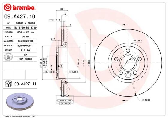 BREMBO 09A42711 FREN DISKI ON FORD MONDEO IV S-MAX . LAND ROVER FREELANDER II L359 RANGE ROVER EVOQUE L538