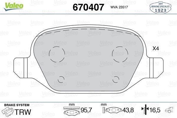 VALEO 670407 ARKA FREN BALATASI FIAT LINEA 09> ALFA 147 01>156 97>03 GT 03>10