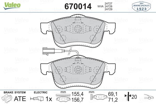 VALEO 670014 ÖN BALATA FIAT DOBLO III 10> OPEL COMBO 12> 1.3D MTJ 1.4 1.6D MTJ 2.0D MTJ TEK FİŞLİ