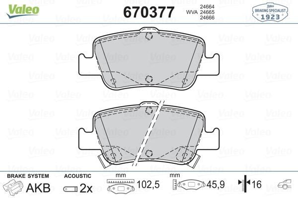 VALEO 670377 ARKA FREN BALATA TOYOTA AURIS. COROLLA 1.33L 1.6L 1NR-FE 1ZR-FAE NRE180 ZRE181 ZRE185 12-> 1.4L 1ND-FTV D-4D NDE150 NDE180 07->