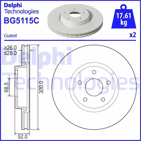 DELPHI BG5115C FREN DİSKİ ÖN FORD MONDEO-S MAX-VOLVO-LAND ROVER 07> ÇAP: 300mm 5 delik VOLVO S60 II 10> S80 II V70 III XC70 II 06>