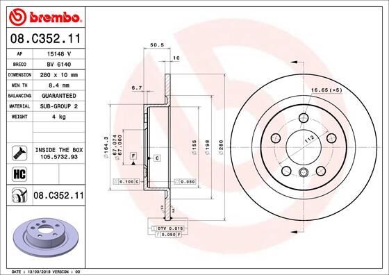 BREMBO 08C35211 FREN DISKI ARKA BMW F40 F44 F45 F46 F48 F39 F70 F74 U06 U11 U10 . MINI F54 F55 F56 F57 F60 F65 F66 F 67