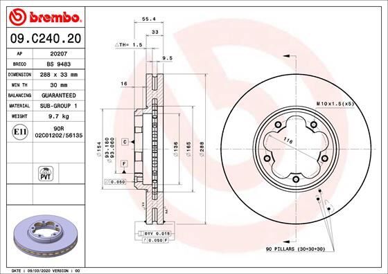 BREMBO 09C24020 ON FREN DISKI AYNASI TRANSIT CUSTOM V362 12> ARKA TEK TEKER CAP 288 33