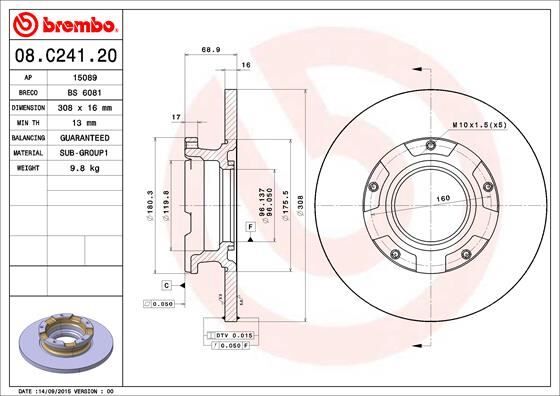 BREMBO 08C24120 ARKA FREN DISK AYNASI TRANSIT CUSTOM V362 12> ABS LI O.CEKER CAP 308 16 ORD TRANSIT CUSTOM V362 Van FY. FZ 09/12-> / FORD TRANSIT V363 Bus FAD. FBD 08/13-> / FORD TRANS