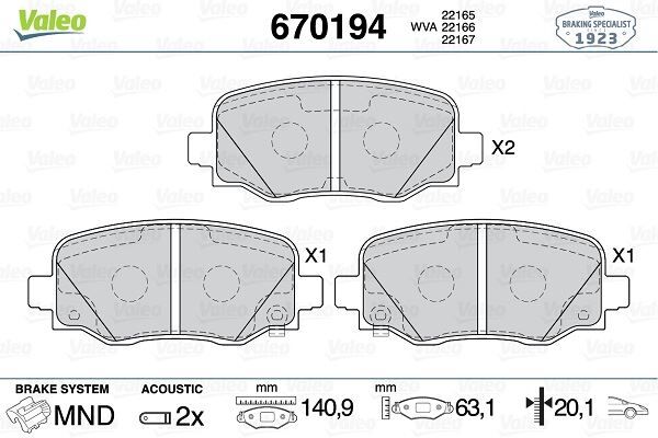 VALEO 670194 ÖN FREN BALATASI FIAT 500X 14> JEEP RENEGADE 14> COMPASS 20> 1.3D MTJ 1.3TB 1.4 1.6D MTJ 1.6E-TORQ 2.0D MTJ