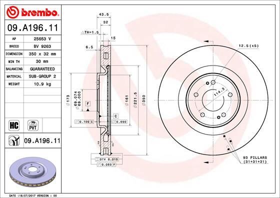 BREMBO 09A19611 FREN DİSKİ ÖN MITSUBISHI LANCER EVO X 2.0L 4B11 CZ4A 08-15 Adet disk fiyatıdır