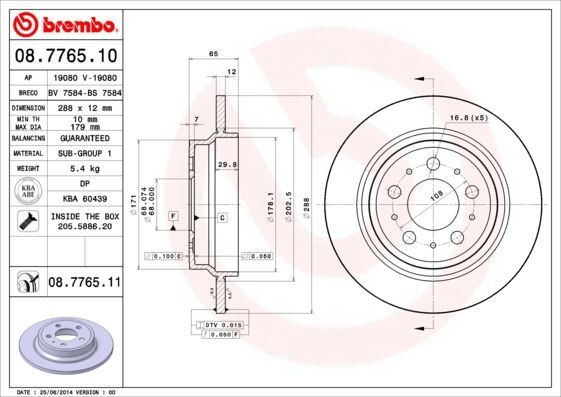 BREMBO 08776510 ARKA FREN AYNASI VOLVO S60 01-10 S70 01-05 S80 98-06 XC70 00-07 288x12x5DL DELYKLY 986478495-DF4066