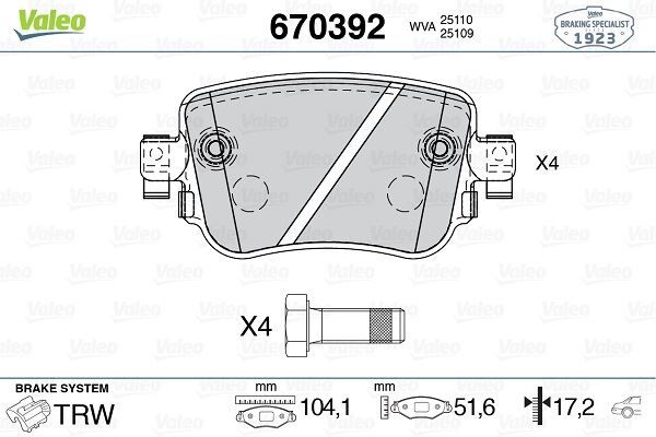 VALEO 670392 ARKA BALATA VW CADDY IV 2.0TDI 15 > CUUF-DFSF 104.1x17.2x51.6