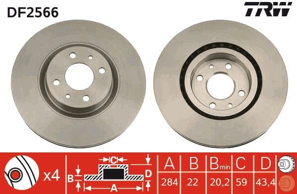 TRW DF2566 ÖN FREN AYNASI FIAT DOBLO 05>IDEA 04>LINEA 09> FIORINO 09> BRAVO 01>STILO 01> 284x22x 4 DELİK HAV ALI