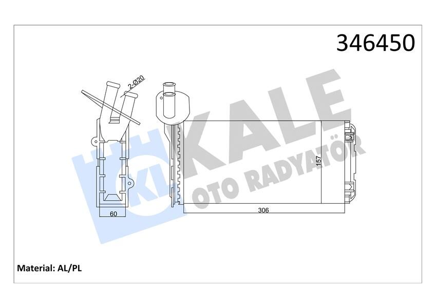 KALE 346450 KALORİFER RADYATÖRÜ VW TRANSPORTER T4 1.9D-TD-2.0D-2.4D-2.5D-TD ARKA 306x157x42 AC /-