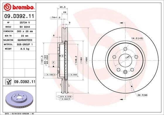 BREMBO 09D39211 ÖN FREN AYNASI ASTRA K 15 > 16 İNÇ / 5 DELİK 300x26x5DL HAVALI
