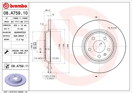 BREMBO 08A75910 ARKA FREN AYNASI A4-A5 1.8-2.0 07 > A6 1.8-2.0 11 > A7 2.0-2.8 11 > Q5 2.0 09 > 986479382-DF4848