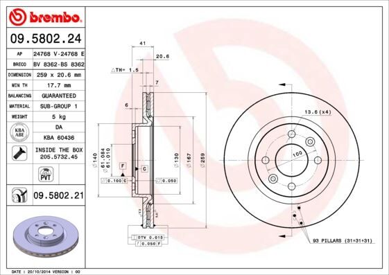 BREMBO 09580224 ÖN FREN DİSKİ RENAULT R19-CLIO I 91>96 CLIO II 98> KANGOO 01> MEGANE I 96> MEGANE II 04>10 TWINGO 96> DACIA LOGAN 06> SANDERO 08> 259x20.6 HAVALI 4 DELİK