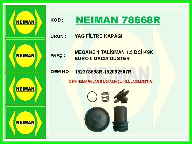 NEIMAN 78668R YAG FILTRE KAPAGI RENAULT CLIO V DUSTER II KANGOO IV LODGY SYMBOL II MEGANE IV TRAFIC III 1.5dCi K9K 2.0dCi M9R EURO 6